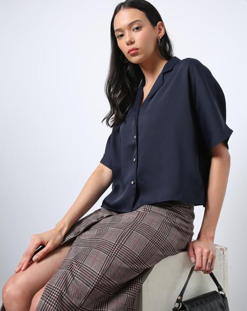 Women Shirt Top with Notched Lapel Collar