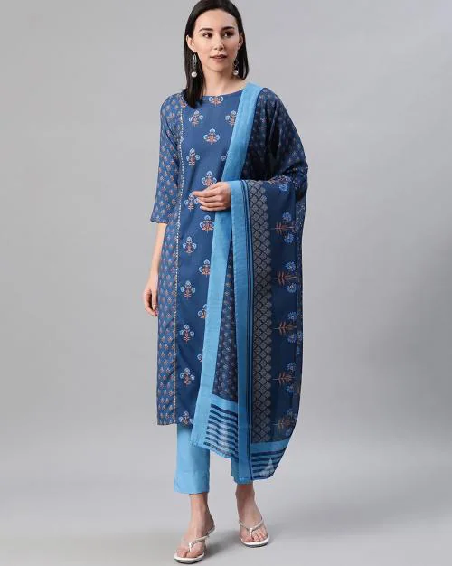 Floral Print Straight Kurta with Pants & Dupatta Set