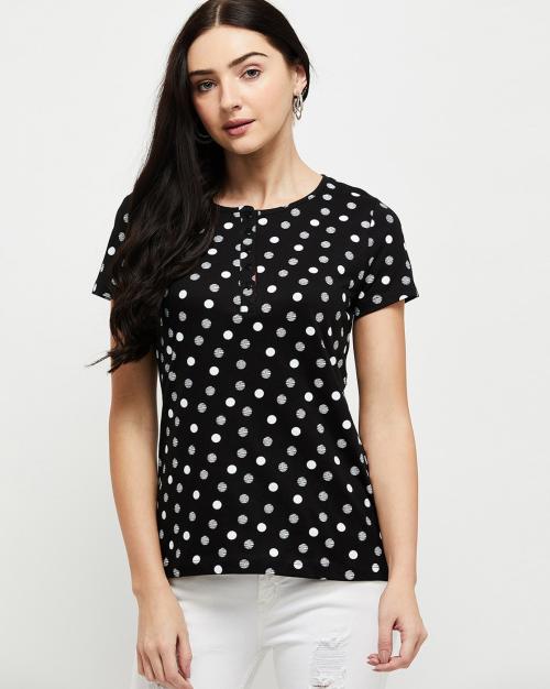 Polka-Dot Print Henley T-shirt