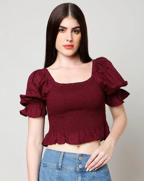 Smocked Crop Top with Puff Sleeves