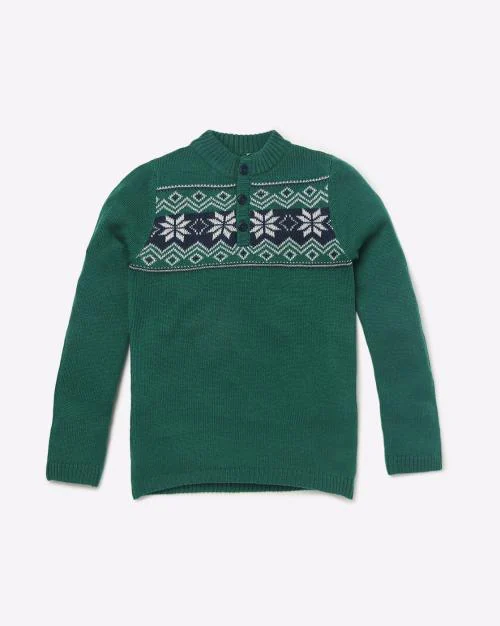 Patterned Knit Sweater with Short Button Placket