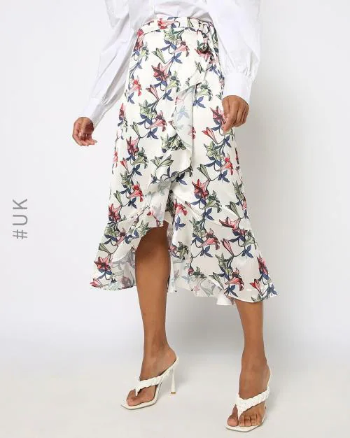 Floral Print High-Low Wrap Skirt