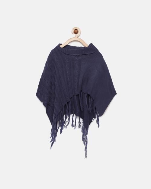 Cable-Knit Poncho Top with Fringes