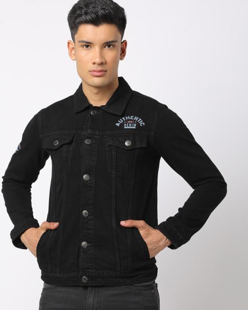 Typographic Print Trucker Jacket with Buttoned-Flap Pockets