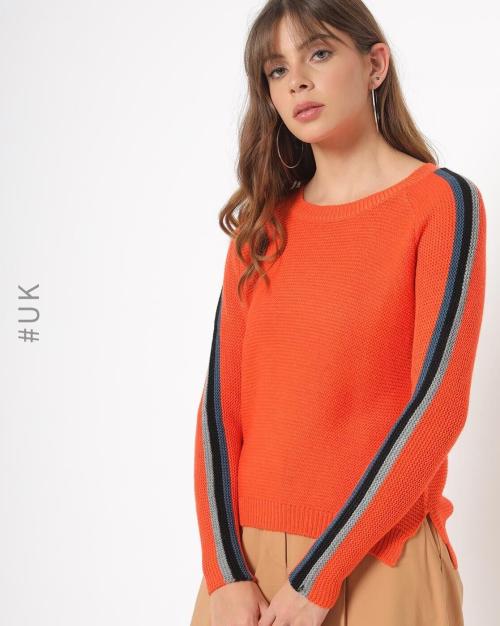 Amoy Slim Fit Pullover with Contrast Striped Raglan Sleeves