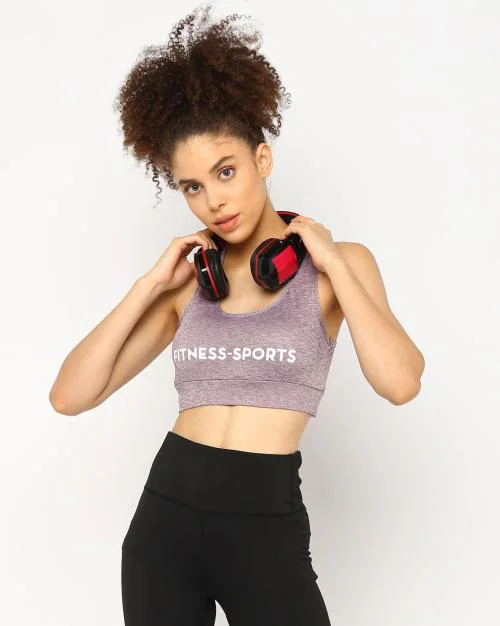 Typographic Print Scoop-Neck Racerback Crop Top