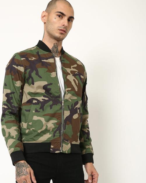 Camo Print Zip-Front Bomber Jacket