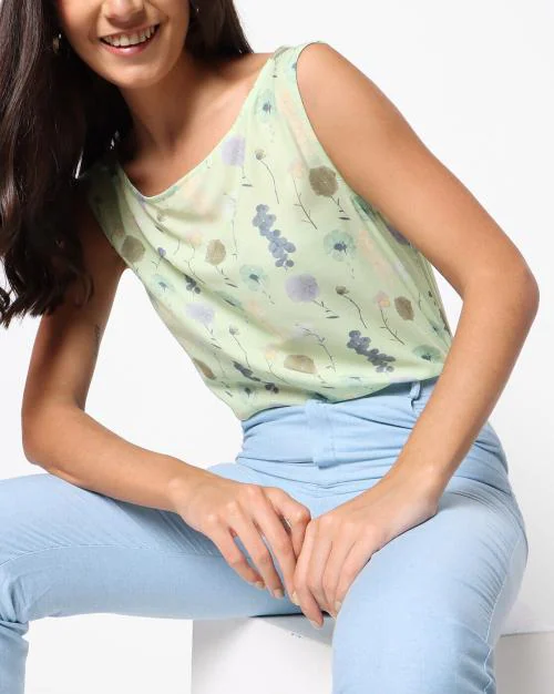 Printed Boat-Neck Sleeveless Top