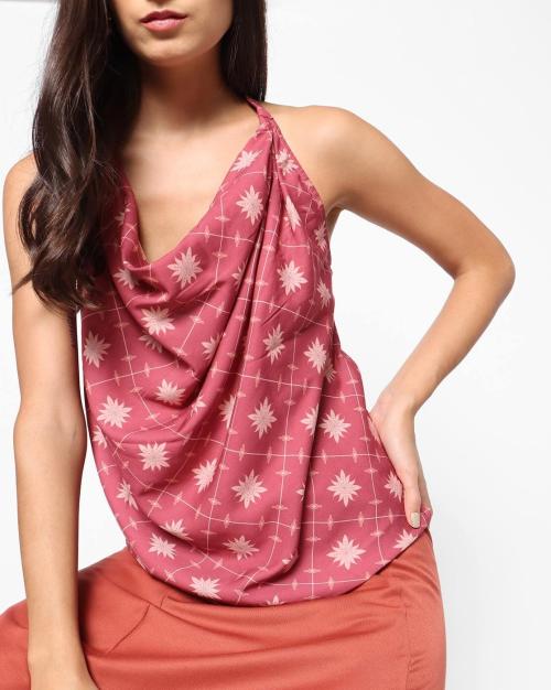 Printed Halter Top with Cowl Neck
