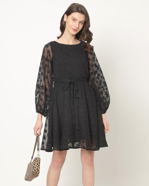 Lace Fit & Flare Dress with Waist Tie-Up
