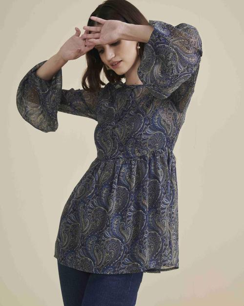 Paisley Print Top with Bell Sleeves
