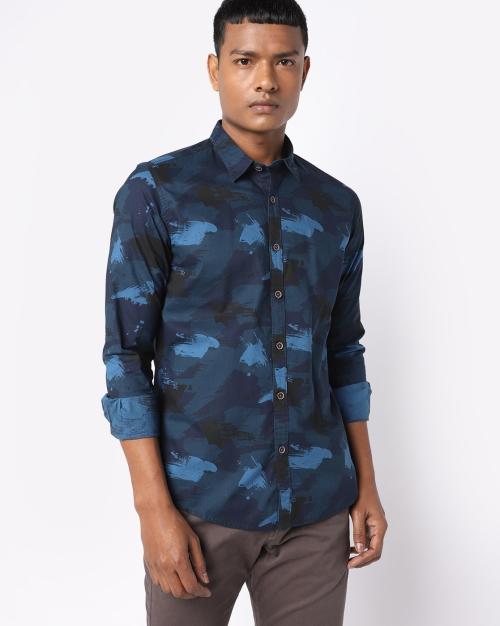 Camo Print Shirt with Spread Collar
