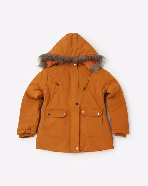 Panelled Quilted Lightweight Jacket with Detachable FurLined Hood JioMart