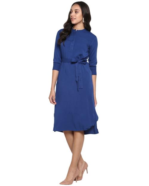 Mandarin Collar Shift Dress with Waistband