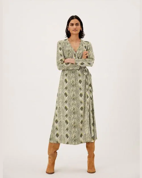 Snake Print V-Neck Midi Wrap Dress
