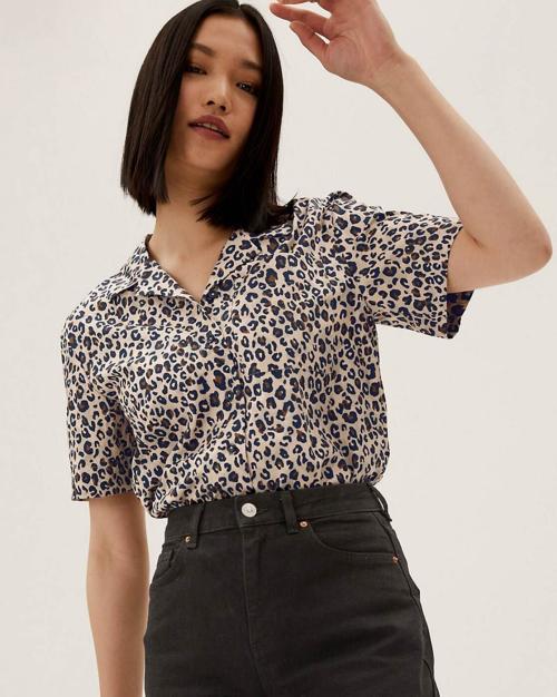 Pure Cotton Animal Print Collared Blouse Top