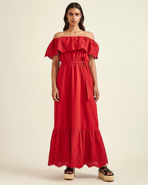 Schiffli Embroidered Off-Shoulder A-line Dress
