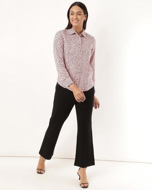 Women Polka-Dot Print Linen Shirt with Spread Collar