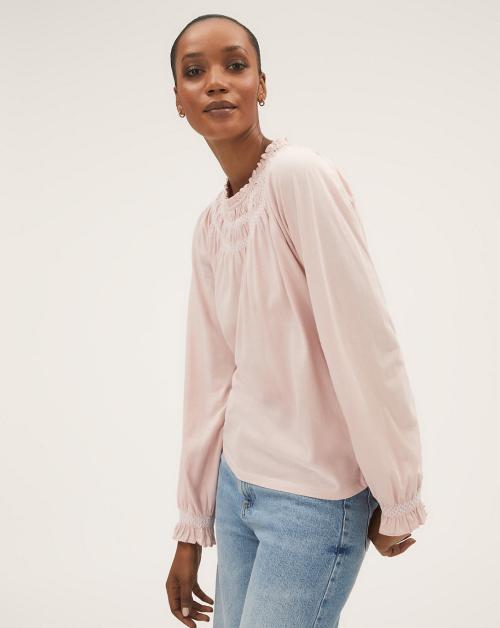 Pure Cotton Smocked Detail Long Sleeve Top