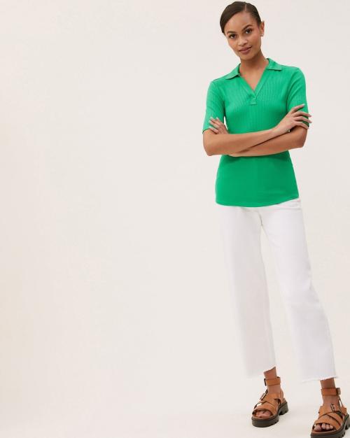 Ribbed Collared Regular Fit Half Sleeve Top