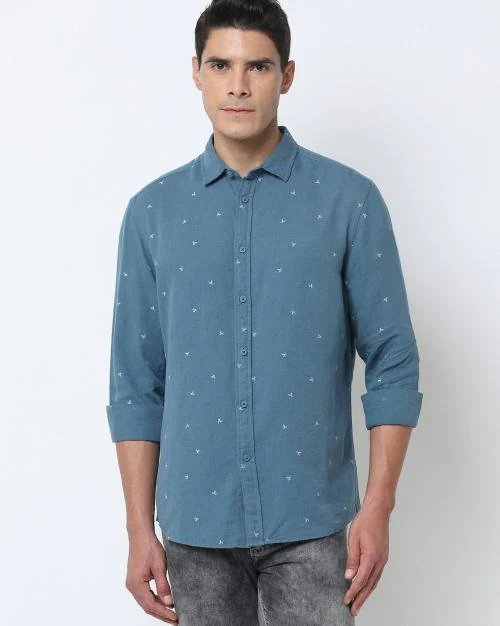 Linen Mix Printed Spread Collar Shirt