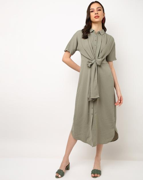 Tie Front Midi Shirt Dress