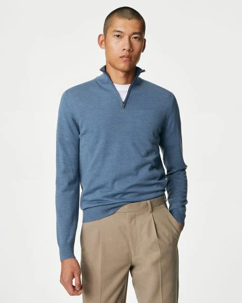 Men Pure Fine Merino Wool Half Zip Jumper