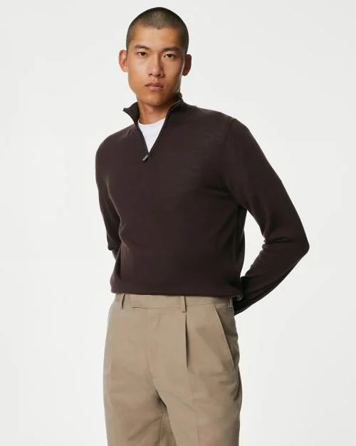 Men Pure Fine Merino Wool Half-Zip Jumper