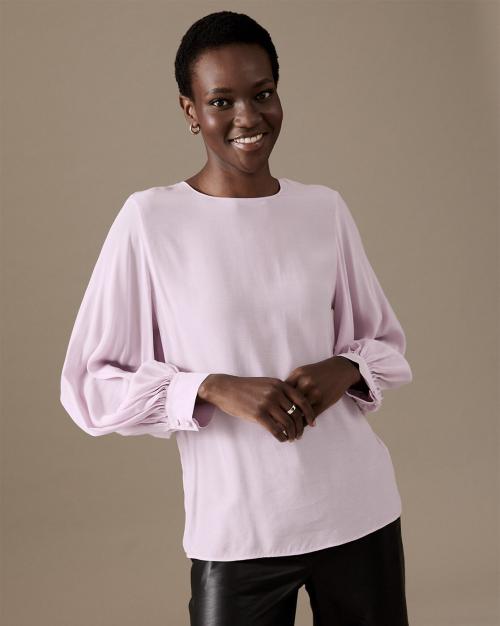 Cupro Rich Round-Neck Balloon-Sleeve Blouse Top