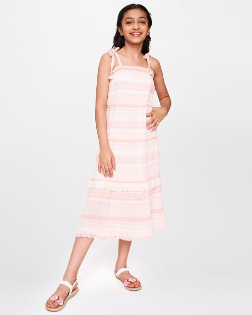 Striped A-line Dress with Tie-Up Straps