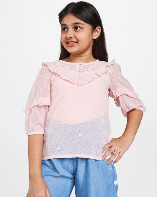 Embroidered Round-Neck Top with Ruffles