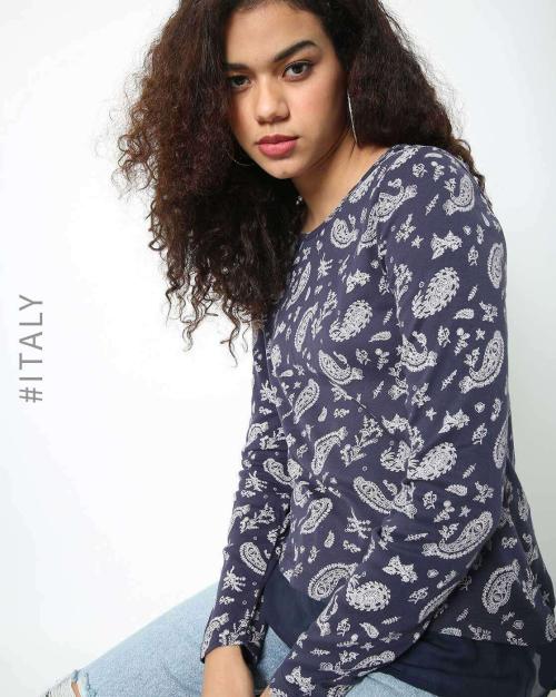 Printed Round-Neck Fitted Top