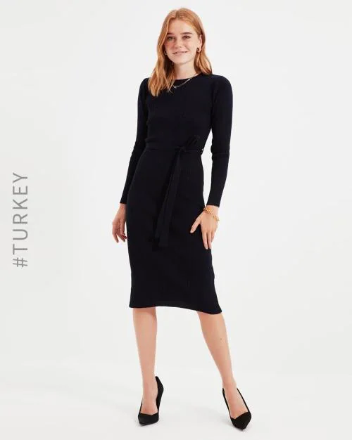 Ribbed Bodycon Dress with Fabric Belt