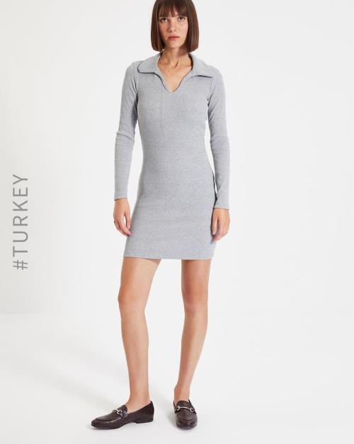 Ribbed Bodycon Dress with Spread Collar