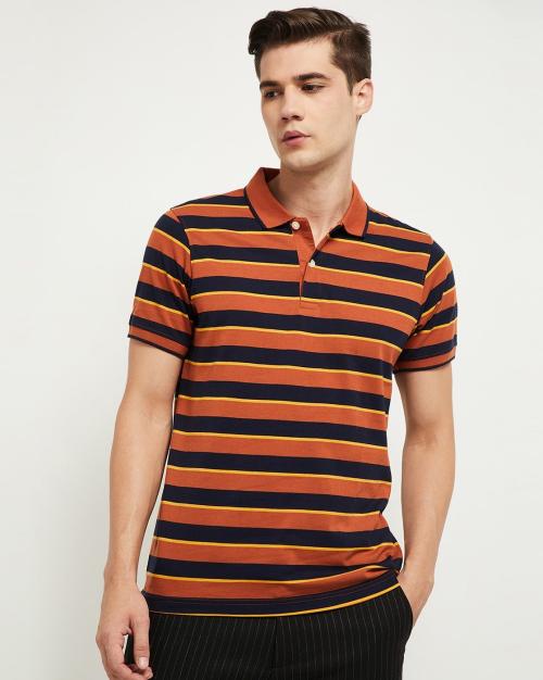 Regular Fit Striped Polo T-Shirt with Stripe-Tipped Collar