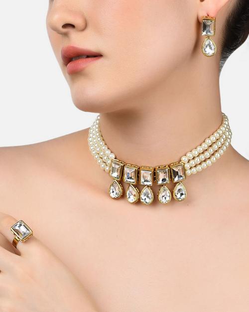 Multistranded Pearls Choker Necklace with Earring & Ring Set- ZPFK10724
