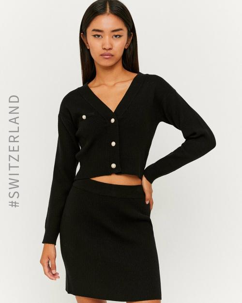 Ribbed V-neck Button-Front Cardigan