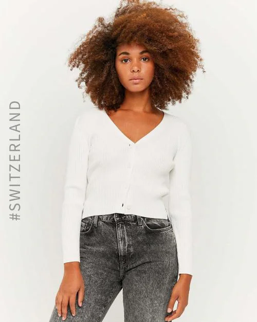 Ribbed V-neck Button-Front Cardigan