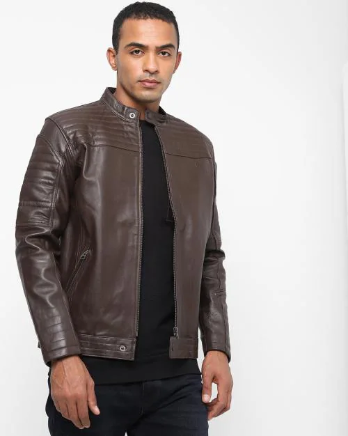 Genuine Leather Biker Jacket with Band Collar