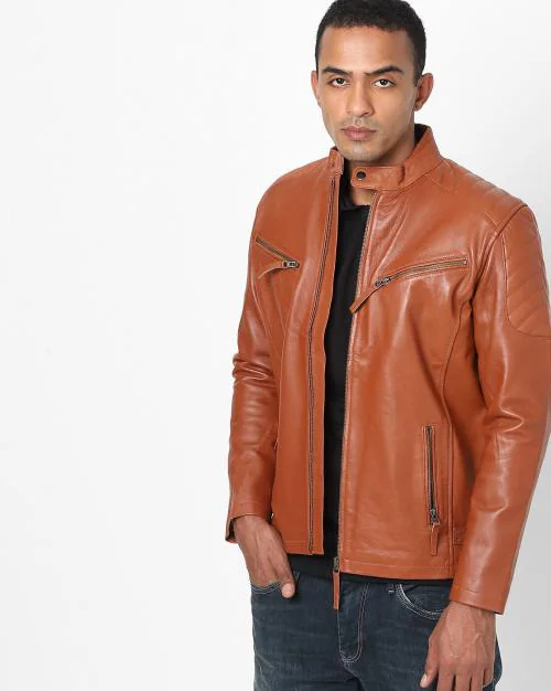 Genuine Leather Biker Jacket with Band Collar