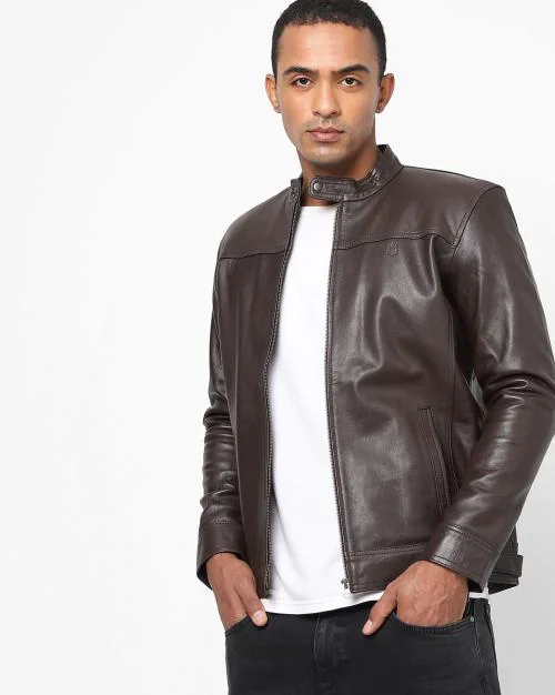 Genuine Leather Biker Jacket with Band Collar