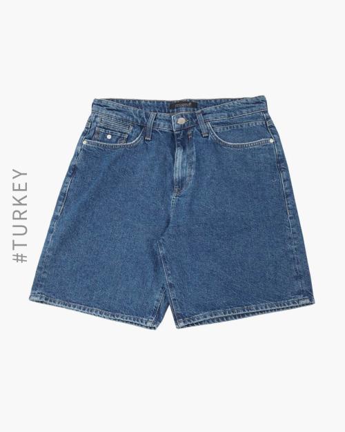 Low-Rise Flat-Front Denim Shorts