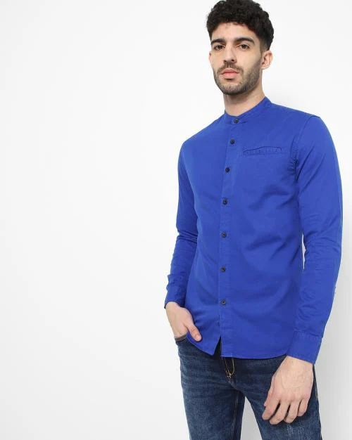 Men Band Collar Slim Fit Shirt