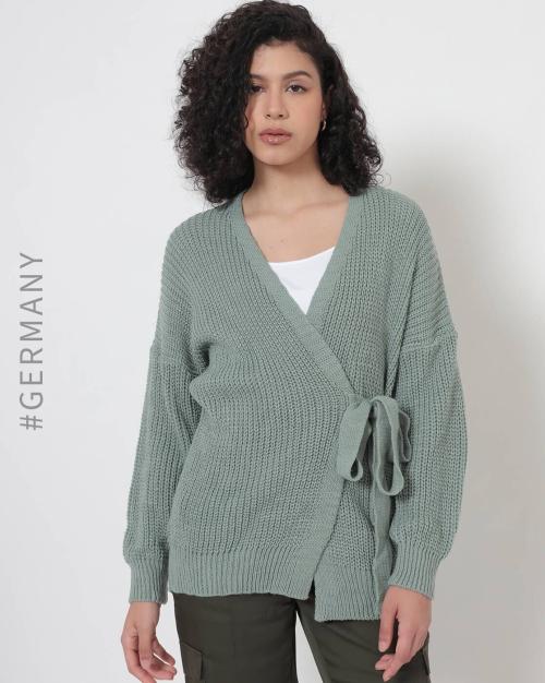 Ribbed V-neck Cardigan with Tie-Up