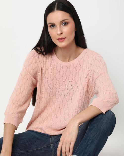 Pointelle Knit Round-Neck Top