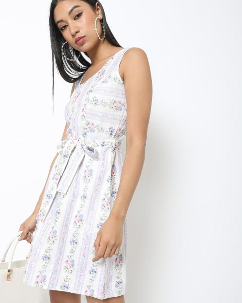 Floral Print Sheath Dress with Belt