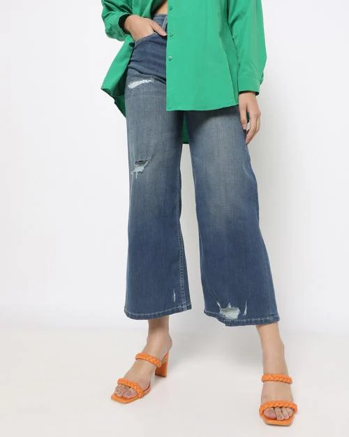 Lightly Washed Distressed Flared Jeans