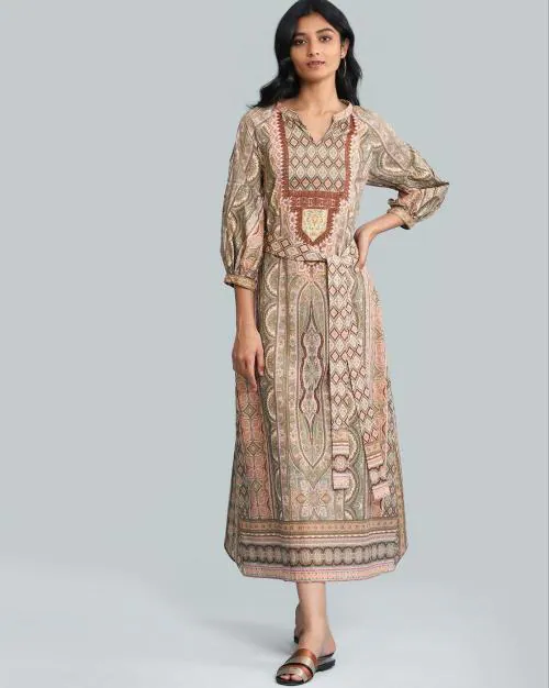 Printed A-line Dress with Waist Tie-Up