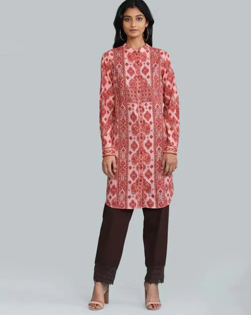 Printed Straight Kurta with Band Collar