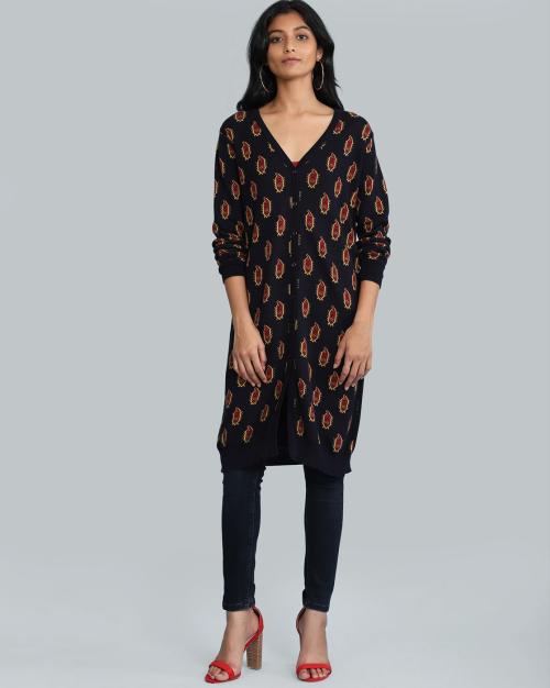 Printed Longline Button-Down Cardigan